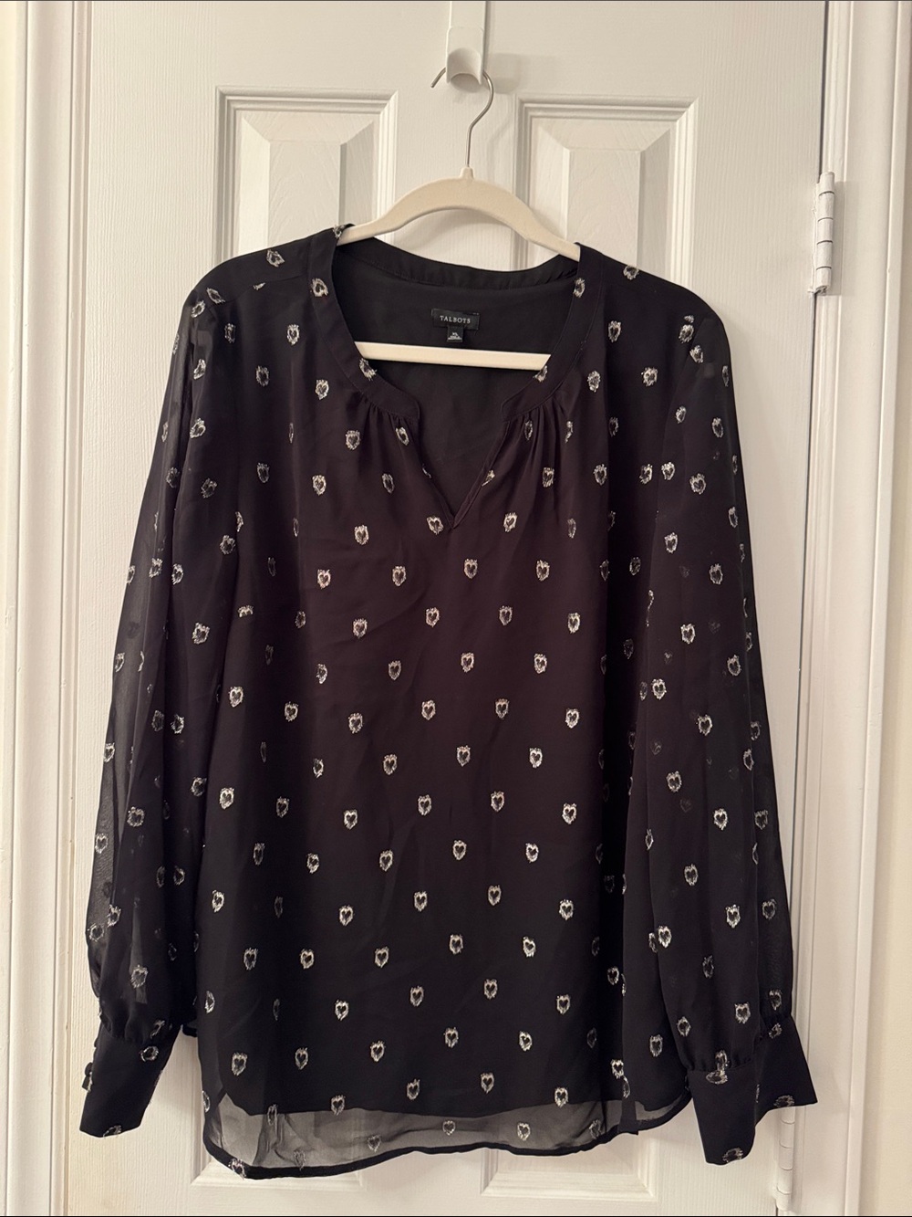 Talbots Black Sheer Long-Sleeve Printed V-Neck Blouse